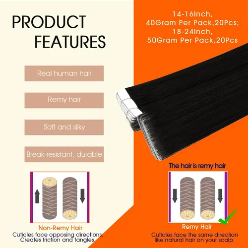 Miniatura 2 de Full Shine - Extensiones de cabello humano Remy con cinta adhesiva intacta de color 1 negro azabache, extensiones de cabello adhesivas, invisibles
