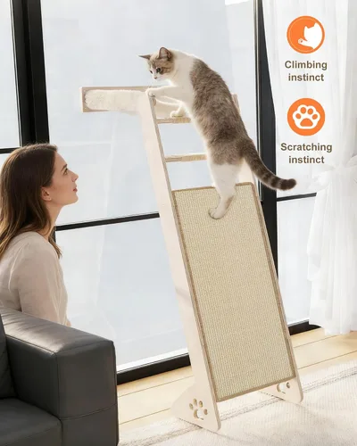 Miniatura 4 de Percha para ventana de gato con almohadilla para rascar, árbol trepador de 51 pulgadas, incluye hamaca escalera para gatos con 2 ventosas