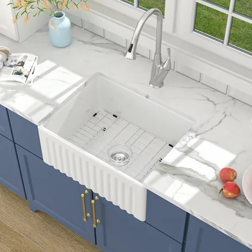 Miniatura 7 de Lordear Fregadero de Cocina Estilo Granja de 36 Pulgadas Blanco de Arcilla Refractaria Porcelana Cerámica Tazón Único Frente de Delantal Fregadero