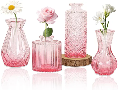Miniatura 20 de Juego de 4 jarrones de cristal para brotes, pequeños jarrones de flores transparentes vintage como centros de mesa para mesa a granel, lindos mini