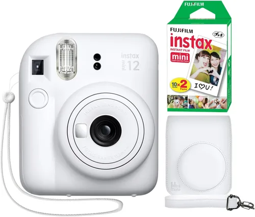 Fujifilm Instax Mini 12 - Cámara instantánea color blanco arcilla + funda personalizada mínima + película Fuji Instax de 20 hojas, paquete doble