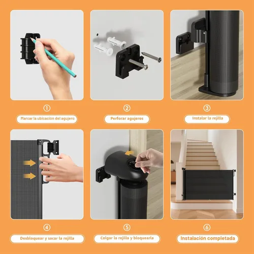 Miniatura 9 de Puerta retráctil para bebés para escaleras y puertas, 34 pulgadas de alto que se extiende hasta 55 pulgadas de ancho, puerta de malla para bebés