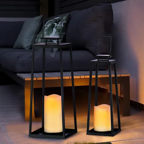 Miniatura 7 de Juego de 2 faroles solares decorativos para exteriores (18 y 15 pulgadas) modernos faroles de metal negro con velas solares, faroles decorativos