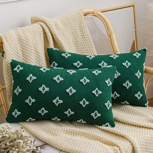 vctops Juego de 2 fundas de cojín decorativas de algodón estilo bohemio copetudo, súper suaves y cómodas para sofá, cama, automóvil (verde, 12 x 20