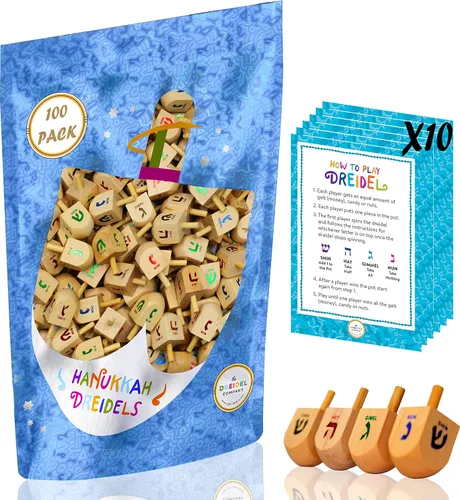 Miniatura 7 de Paquete de 10 Dreidels Hanukkah Draydel de madera natural con tarjetas de transliteración e instrucciones en inglés