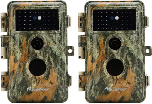 BLAZEVIDEO Paquete de 2 cámaras Trail de 64MP 1296P de video, visión nocturna sin brillo de 940 nm, detección PIR enfocada en 70° (menos alertas 2