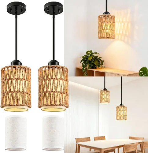 Miniatura 11 de Lámpara Colgante Boho Lámpara Colgante - Pantalla 2 en 1 de Ratán y Lino, Luminaria de Luces Colgantes Ajustables para Isla de Cocina, Comedor, Casa