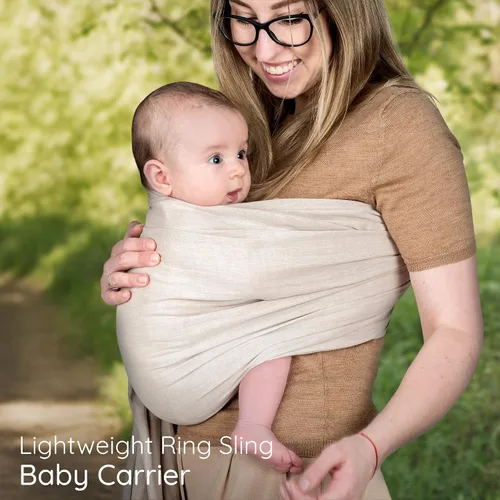 Miniatura 8 de Portabebés con Eslinga de Anillo - Probado en Laboratorio de EE. UU., 100% Algodón Muslin Natural, Eslinga de Anillo transpirable y ergonómica Beige