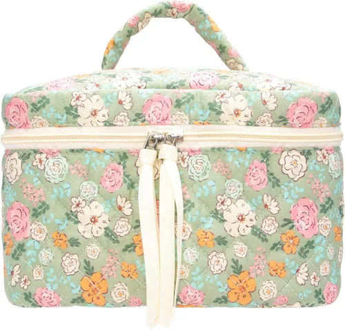 Miniatura 52 de PAZIMIIK - Bolsa de maquillaje de algodón para mujer, grande, acolchada para viaje, Rosa (Bow Pink), Vintage