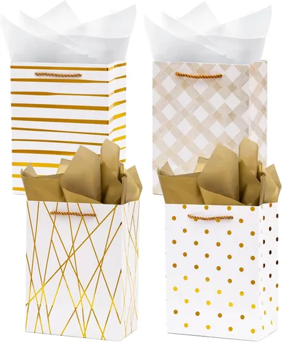 Nihuecne Bolsas de regalo de 9" de tamaño mediano con papel de seda, paquete de 4 bolsas de regalo de papel de envoltura blanco dorado con asas para