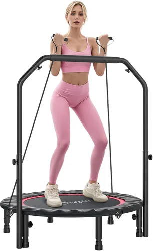 Soozier Trampolín Rebounder para adultos, mini trampolín plegable con barra de mango ajustable, silencioso y seguro Bungee Rebounder Saltar Rojo