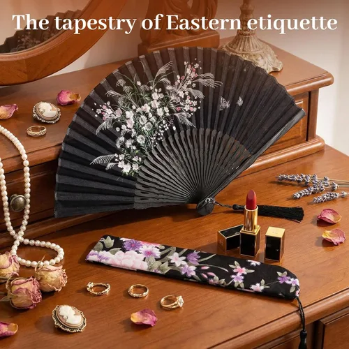 Miniatura 6 de JOHOUSE Abanico de mano plegable de tela negra con borla y funda – Elegante abanico plegable de mano para mujeres, abanicos de boda para invitados