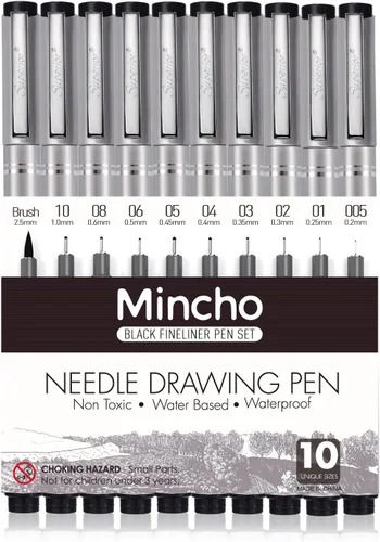 Juego de 10 plumas negras de punta micro fina, con tinta que no traspasa y a prueba de agua, puntas de pincel y caligrafía, para ilustración de