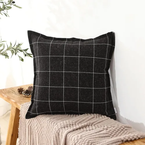 Miniatura 2 de Juego de 2 fundas de almohada de lino a cuadros blancos y negros de estilo bohemio, 16 x 16 pulgadas, color negro