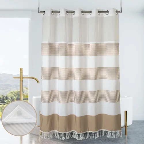 Miniatura 11 de Cortina de ducha de tela pesada sin gancho con forro de imanes a presión, cortina de baño gruesa con borla transparente en la parte superior