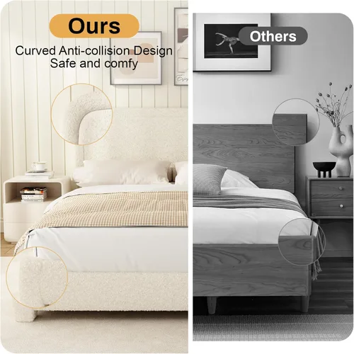 Miniatura 6 de Base de cama tamaño Queen, marco de cama Boucle con cabecera ajustable, cama de plataforma tapizada moderna con listones de madera, esquinas Beige