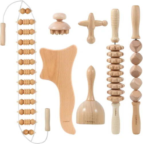 AiRelax Paquete de 7 herramientas de masaje de terapia de madera para moldear el cuerpo, masajeador de celulitis, kit de maderoterapia colombiana, 7