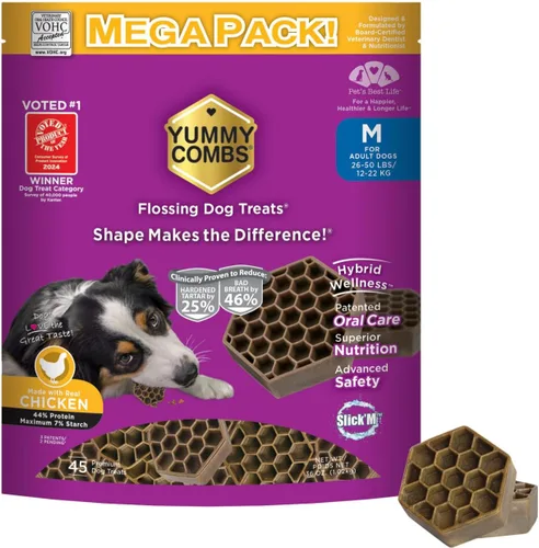 Miniatura 25 de Yummy Combs Golosinas dentales para perros, aprobadas por veterinarios VOHC, deliciosa proteína de pollo, elimina el sarro con forma de peine