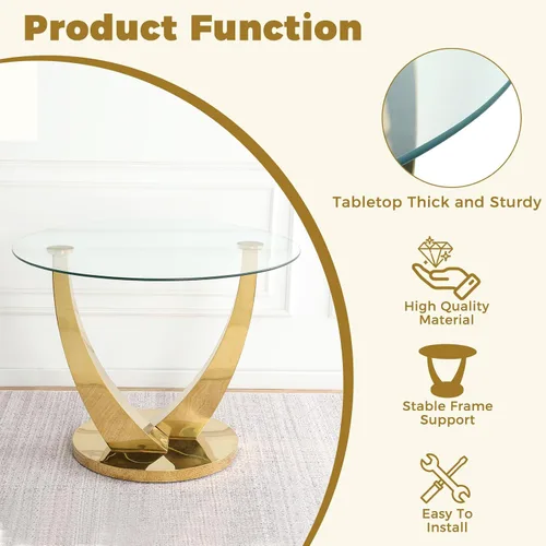 Miniatura 6 de Juego de mesa de comedor redonda de vidrio de 38.9 pulgadas para 4, mesa de cocina redonda dorada con 4 sillas decorativas de terciopelo tapizadas