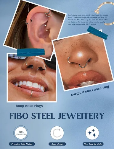Miniatura 22 de FIBO STEEL - 5 piezas de acero inoxidable, 18G a 22G, joyería corporal, piercing de nariz para mujer