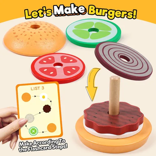 Miniatura 3 de Kizh Juguete apilable de madera para clasificar hamburguesas para niños pequeños, juguetes educativos Montessori de motricidad fina para niños