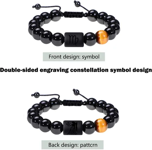 Miniatura 2 de Pulsera del zodiaco para hombres y mujeres, 0.315 pulgadas, 0.394 pulgadas, piedra blancanegra, bendición de la suerte, con cuentas, signo