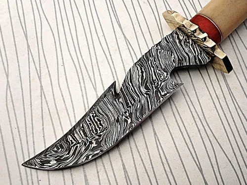 Miniatura 3 de Cuchillo de caza de acero de Damasco de 11.5 pulgadas con gancho de intestino largo, forjado a mano, patrón de torsión de acero de Damasco, hueso
