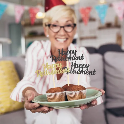 Miniatura 5 de 36 piezas de adornos oficiales para cupcakes de jubilación con purpurina para jubilados, decoración de pasteles para fiestas temáticas de despedida