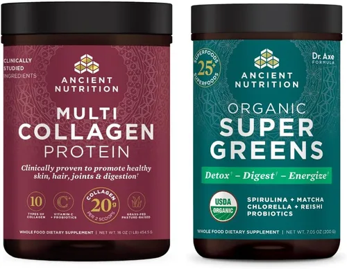 Ancient Nutrition Polvo orgánico SuperGreens, 25 porciones + polvo de proteína de colágeno múltiple, sin sabor, 45 porciones