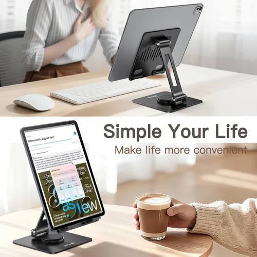 Miniatura 6 de JETech Soporte para tablet, soporte giratorio ajustable de escritorio con base giratoria de 360 grados, soporte plegable para iPad/iPad