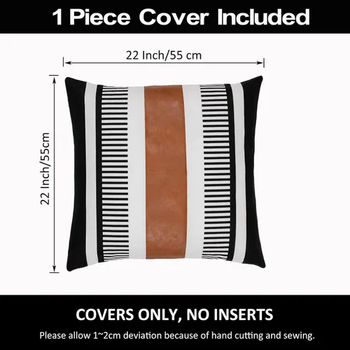 Miniatura 3 de Funda de almohada bohemia de color blanco y negro con piel, funda de cojín moderna de 22 x 22 pulgadas, funda de almohada de rayas estilo campestre