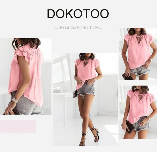Miniatura 4 de Dokotto - Blusas informales con cuello en V para mujer, diseño de manga corta, con cordón ajustable