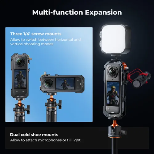 Miniatura 3 de K&F Concept Jaula para Cámara para Insta360 X5, Estuche Protector de Aleación de Aluminio con Cubierta de Lente de Silicona, Marco con 2 Monturas