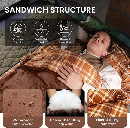 Miniatura 3 de KingCamp Saco de dormir de franela de algodón, sacos de dormir de 90 x 35 pulgadas para adultos para clima frío, grande y alto, cierre juntos