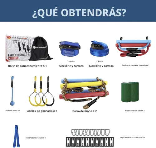 Miniatura 8 de Carrera de obstáculos Ninja Warrior para niños, kit de línea floja de 2 x 56 pies con 8 accesorios ninja, barra de mono, escalera de cuerda, anillo