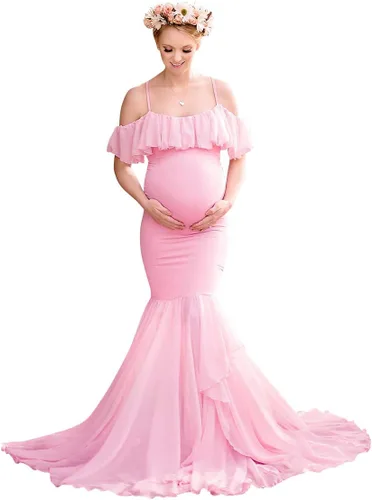 Vestido de maternidad de encaje floral con volantes y tirantes delgados para mujer, para fotografía, vestido de maternidad de sirena con hombros