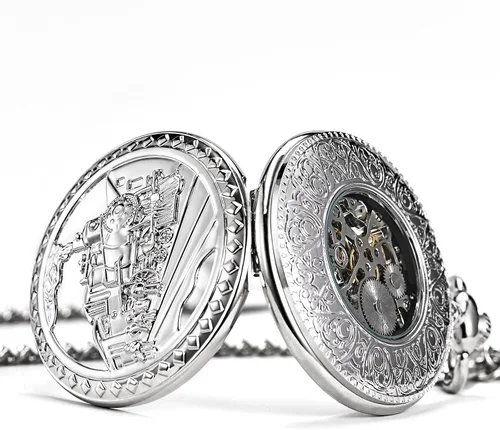 Miniatura 4 de Reloj de bolsillo mecánico antiguo para hombre y mujer, esqueleto plateado, tren de vapor, ferrocarril, números romanos, plateado, Mecánico