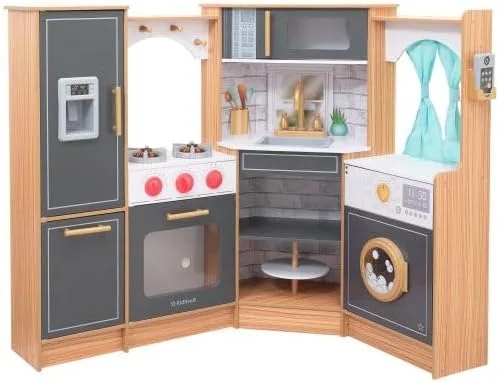 KidKraft Cocina de juego de madera con luces y sonidos, teléfono y cortinas, natural, regalo para mayores de 3 años