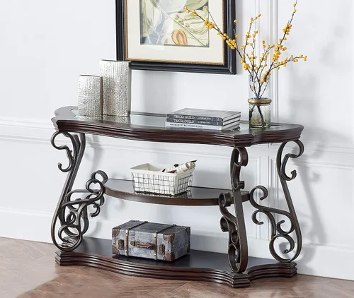 Miniatura 13 de Mesa consola moderna de cristal, mesa de sofá dorada de 55 pulgadas con marco de metal resistente y parte superior de vidrio templado negro