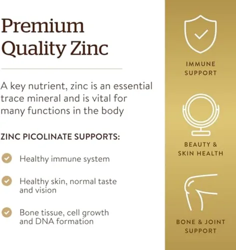 Miniatura 9 de Solgar Picolinato de zinc de 22 mg, 100 tabletas - Promueve una piel saludable - Apoya el sistema inmunológico, el sabor y la visión normales