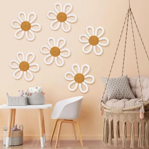 Miniatura 7 de Zeyune 6 piezas de decoración de pared de margaritas bohemias tejidas en macramé, frontones de pared bohemios, margaritas florales, decoración