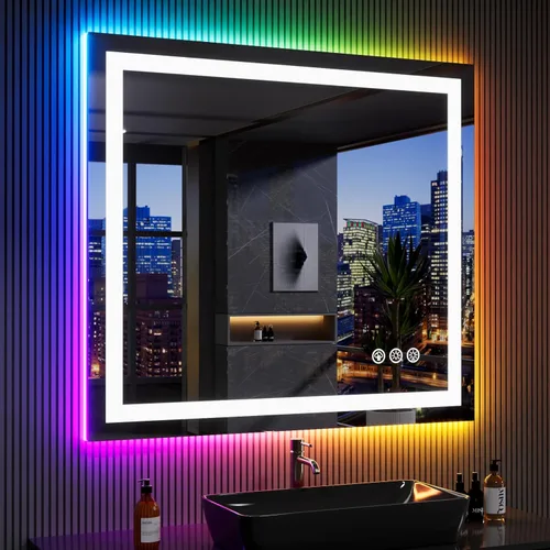 Miniatura 3 de LOAAO Espejo de baño LED de 40 x 36 pulgadas con luces, antiniebla, regulable, retroiluminación RGB + iluminación frontal, espejo de tocador de baño
