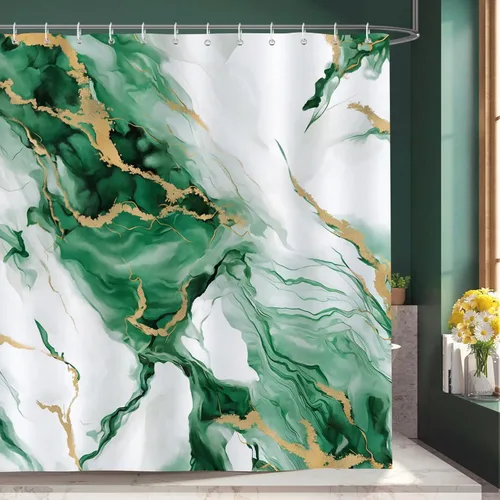 Bonhause Cortina de ducha de mármol verde esmeralda, cortina de baño de arte abstracto moderno, 72 x 72 pulgadas, tela de poliéster impermeable con