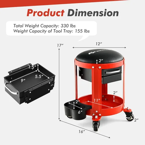 Miniatura 2 de Goplus - Taburete mecánico con ruedas, asiento tipo enredadera para taller con asiento acolchado removible, 2 cajones, bandeja para herramientas