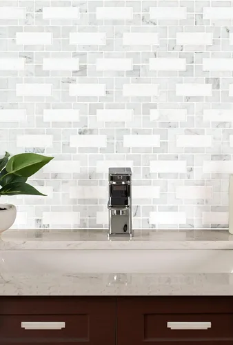 Miniatura 4 de MSI Bianco Dolomite Lynx 12 pulgadas x 12 pulgadas. Azulejo de pared de mosaico de mármol pulido montado en malla con patrón geométrico Bianco Lince