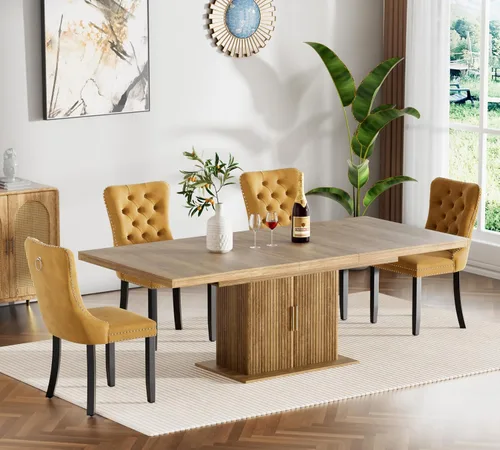 Miniatura 66 de Juego de mesa de comedor extensible de 5 piezas, juego de mesa de comedor extensible de estilo granja para 4, mesa de cocina expandible de madera