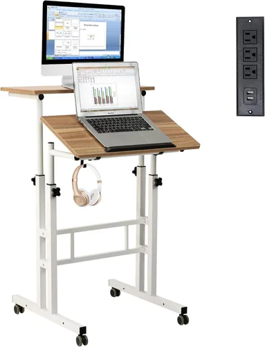 Miniatura 11 de Hadulcet Escritorio móvil de pie con estación de carga, escritorio ajustable para computadora de pie, carrito ajustable para laptop con ruedas