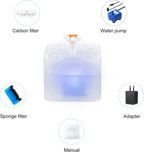 Miniatura 7 de Fuente de agua para gatos con 4 filtros y 4 esponjas, fuente de agua automática para gatos de 67 oz/2 litros, dispensador de agua para mascotas