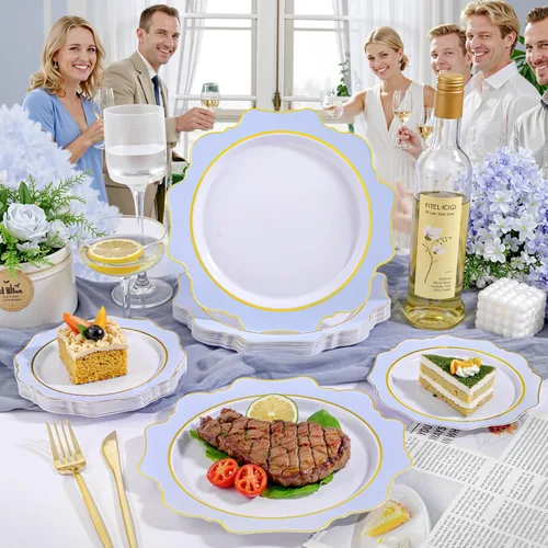 Miniatura 4 de WDF 100 piezas de platos de plástico azul - Platos desechables azul claro - Platos de plástico con borde festoneado resistente