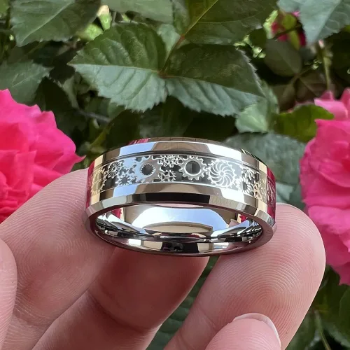 Miniatura 4 de Wow Jewelers - Anillo de tungsteno de 6 mm y 8 mm color negro, plateado, rojo y azul para hombres y mujeres, anillos de matrimonio estilo Steampunk